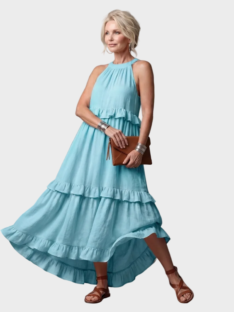 Katia - Sukienka Maxi z Halterem i Falbanami
